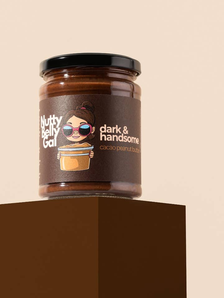 Dark & Handsome: Dark Chocolate Peanut Butter + Cacao Nibs for wholesale by Nutty Belly Gal