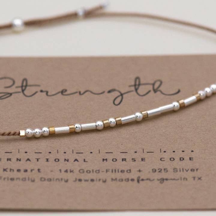 Morse and Dainty Hand Made Morse Code Dainty Jewelry - Wholesale Beaded Bracelet - Strength or CUSTOM Word Morse Code Bracelet - Maya sku