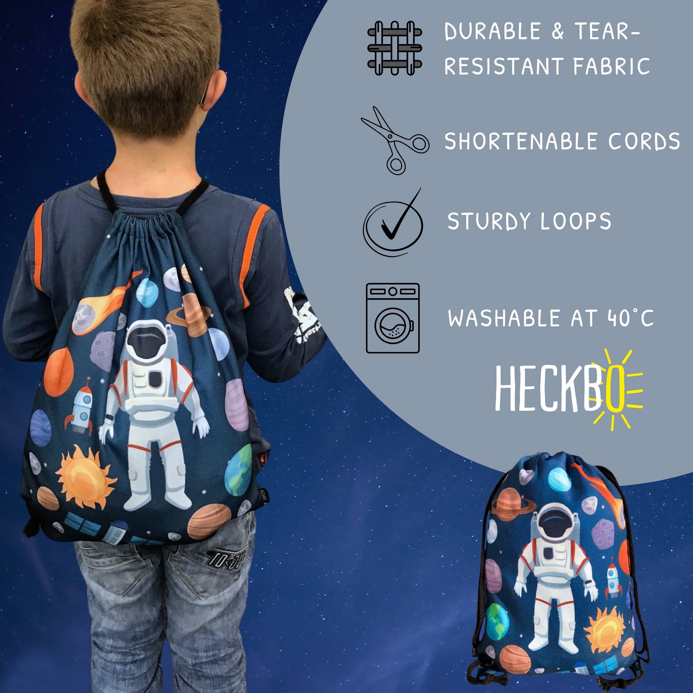 HECKBO - Vendita all'ingrosso Borsa con coulisse - Bambini - Borsa palestra bambini Astronauta - nera1