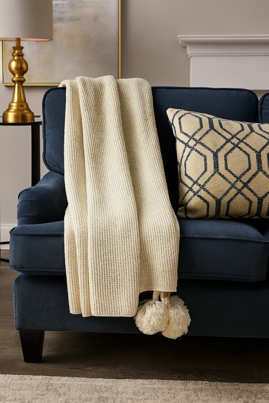 Fennco Styles - Vente Plaids - Plaid en tricot épais naturel avec pompons0