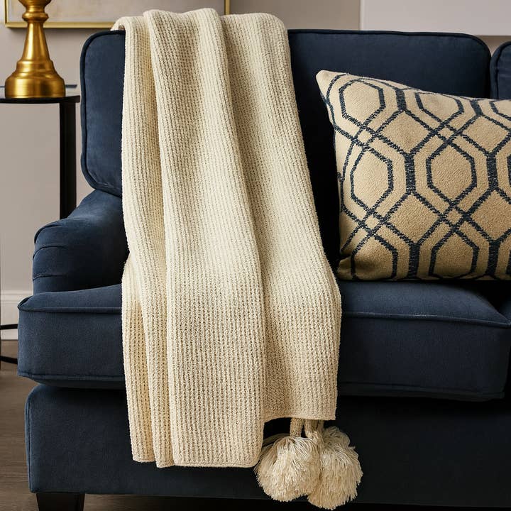 Natural Chunky Knit Pom Pom Throw Blanket for wholesale by Fennco Styles