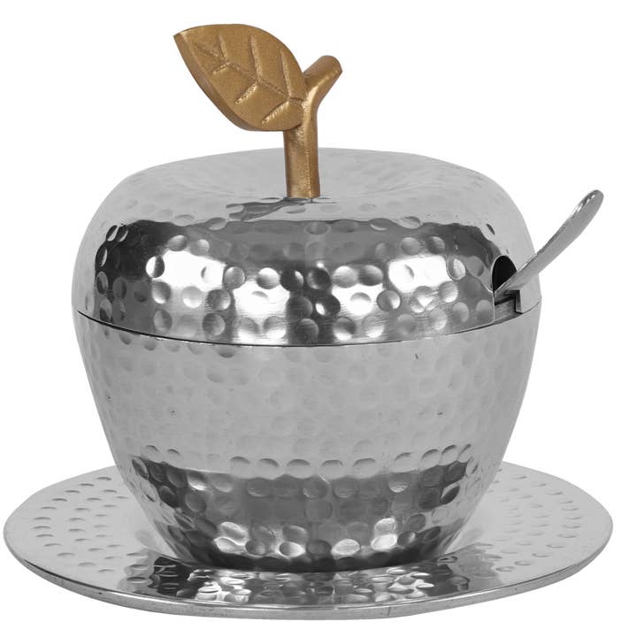 Honey Dish Apple Steel Hammered GLD Leaf w/ Tray & Spoon for wholesale by A&M Judaica And Gifts