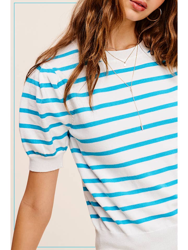 La Miel - Wholesale Knit Top - Women's - JCS3562-Lightweight Puff Short Sleeve Stripe Knit Top2