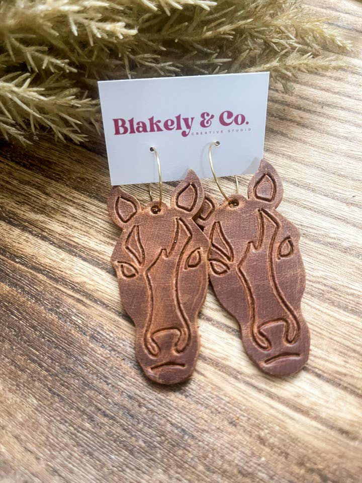 Embossed Horse Hoop Leather Earrings for wholesale by Blakely and Co.