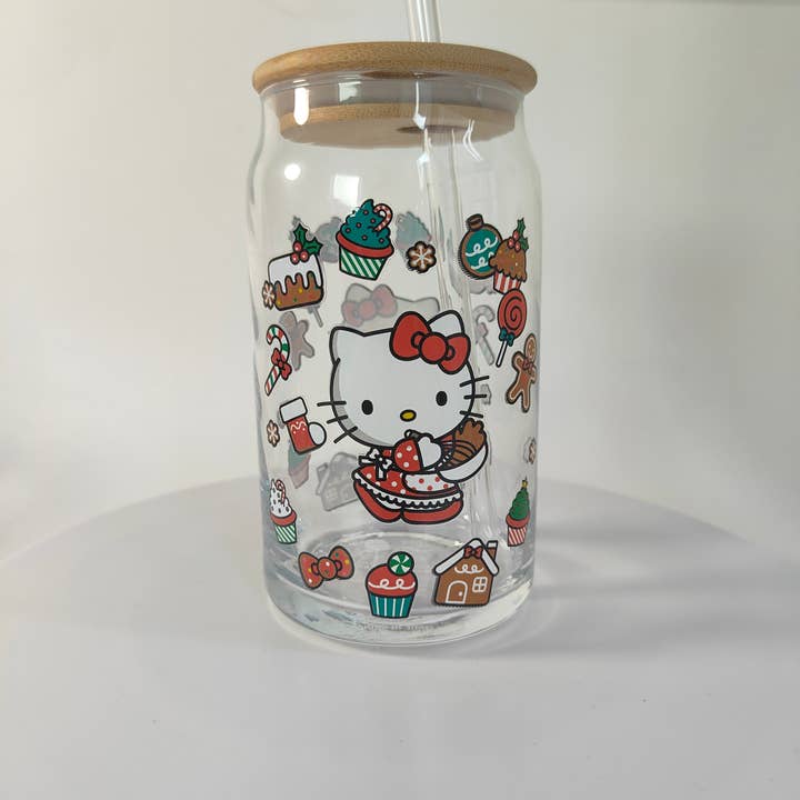 Silver Buffalo - Wholesale Drinking Glass/Cup - Hello Kitty Sweet Holiday 16oz Glass Tumbler w Bamboo Lid