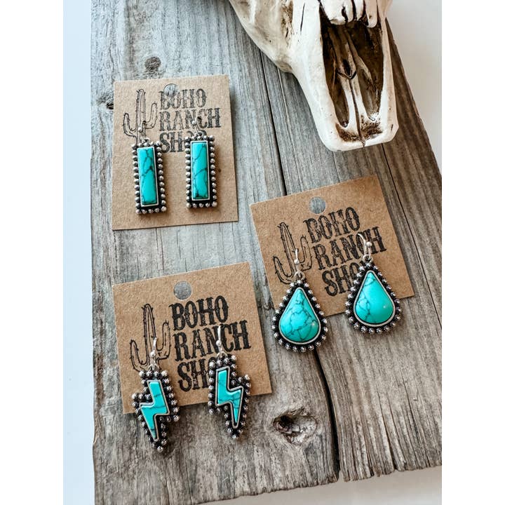 Boho Ranch Shop - Wholesale Dangle Earrings - Western Hand Stone Stud Earrings Turquoise bolt bar teardrop