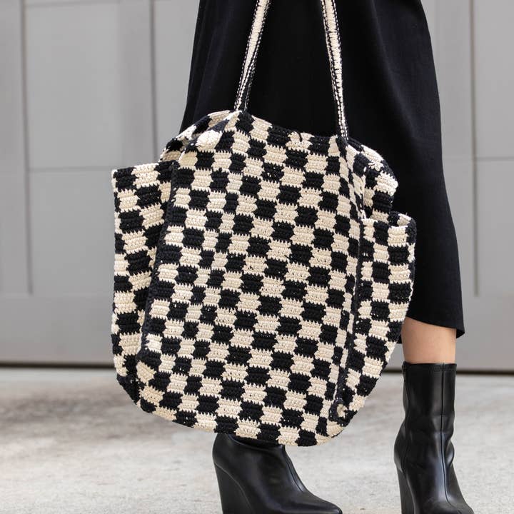 Fiona Bag - Checkered Cotton bag - Black and white for wholesale by Anju Jewelry