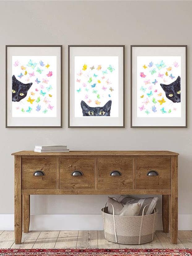 Conjunto de 3 pôsteres de parede com pintura de borboleta de gato preto por atacado de Goodfairyart