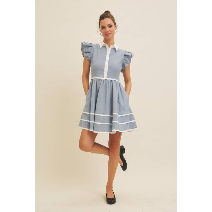 in february - Wholesale Dress - Women's - LINEN BUTTON-DOWN MINI DRESS WITH CONTRAST BINDING3