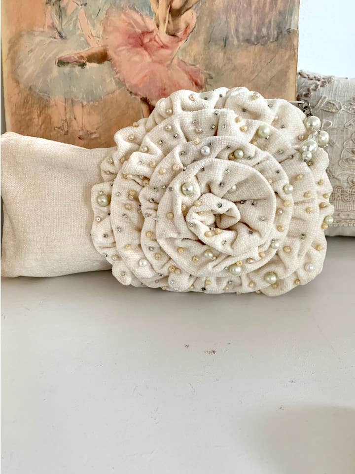 Hand Beaded Flower Clutch purse, Ivory clutch bag. purse for wholesale by Farm Charm Couture