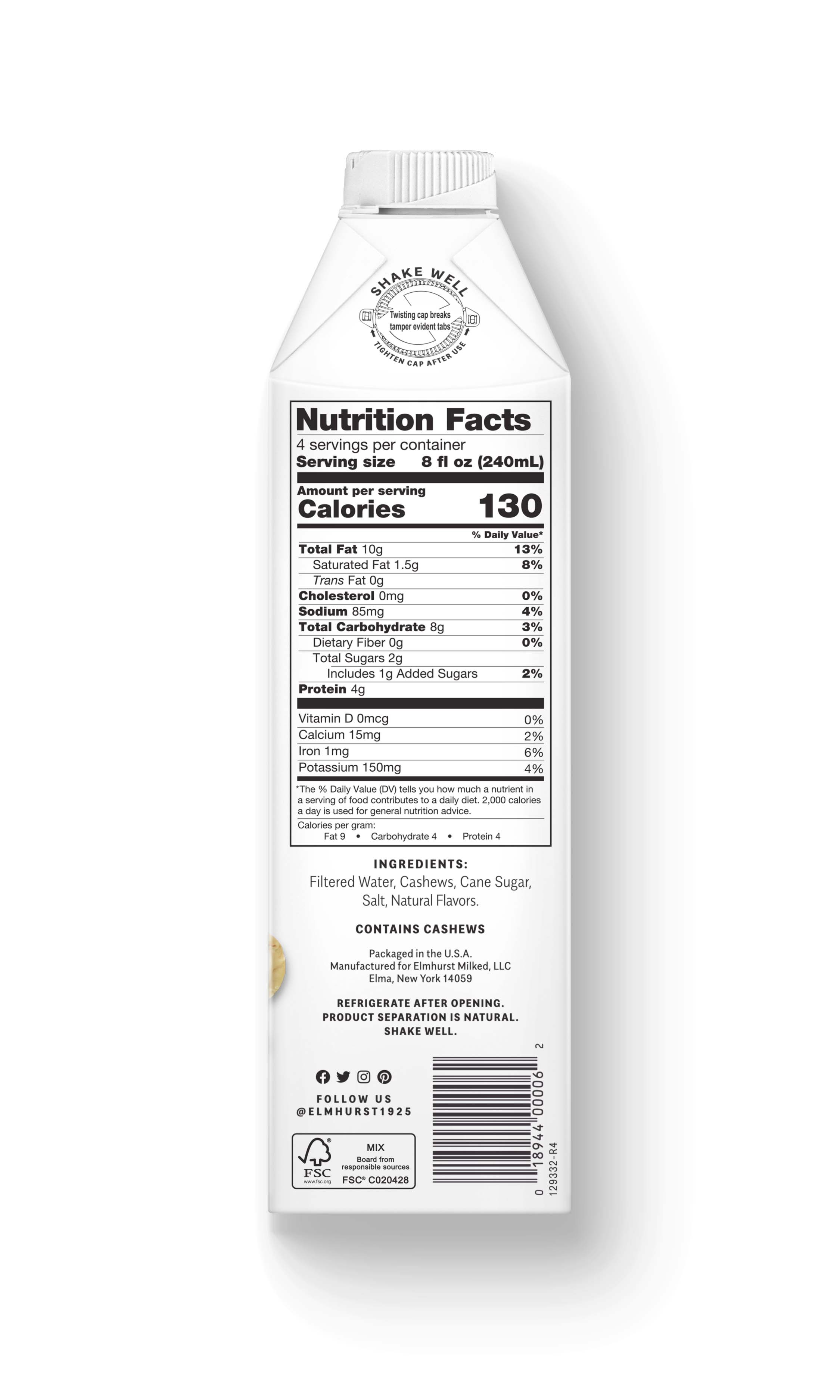 Elmhurst 1925 - Wholesale Non-Dairy Milk - Lightly Sweetened Cashew Milk, 32oz [6-Pack]2