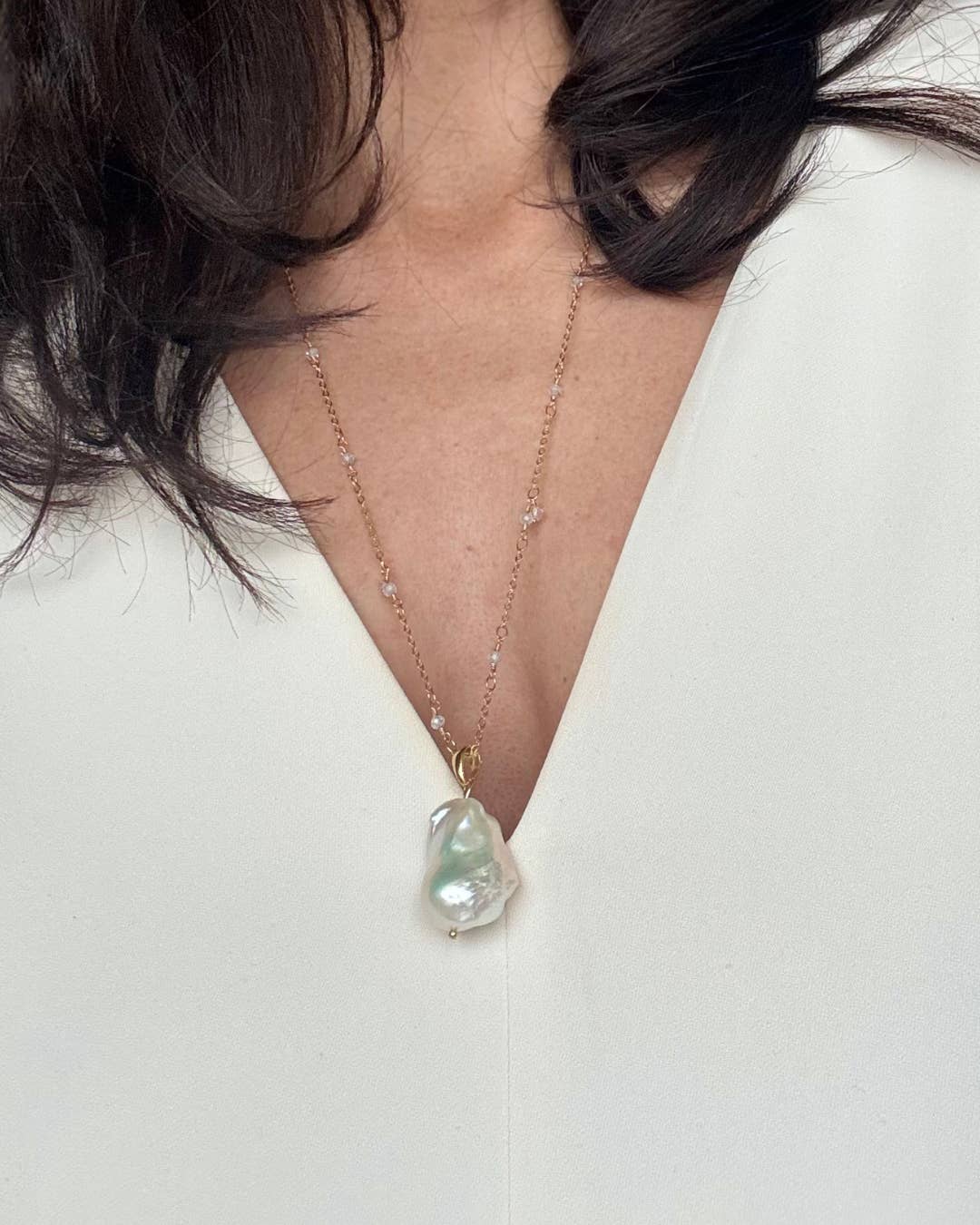 WILYMI Jewelry Co - Wholesale Pendant/Charm Necklace - Long White Baroque Pearl Necklace + Herkimer Diamonds