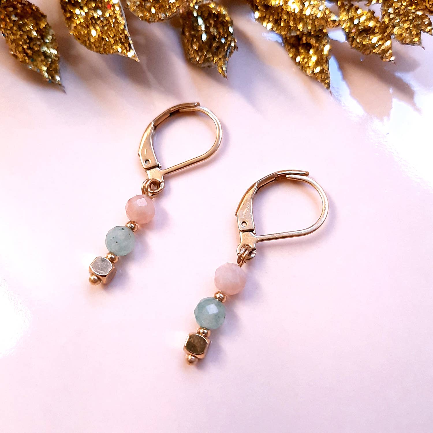 Ni une ni deux - Wholesale Dangle Earrings - Boucles d'oreilles pierres TALISMAN Rose et vert lagon2