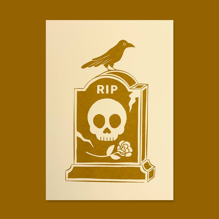 Raven & Gravestone Risograph Art Print for wholesale by Wildkat Studio