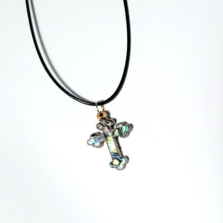 Eclectic Woodchuck - Wholesale Pendant/Charm Necklace - Bottoni Cross Abalone and Olive Wood Pendant