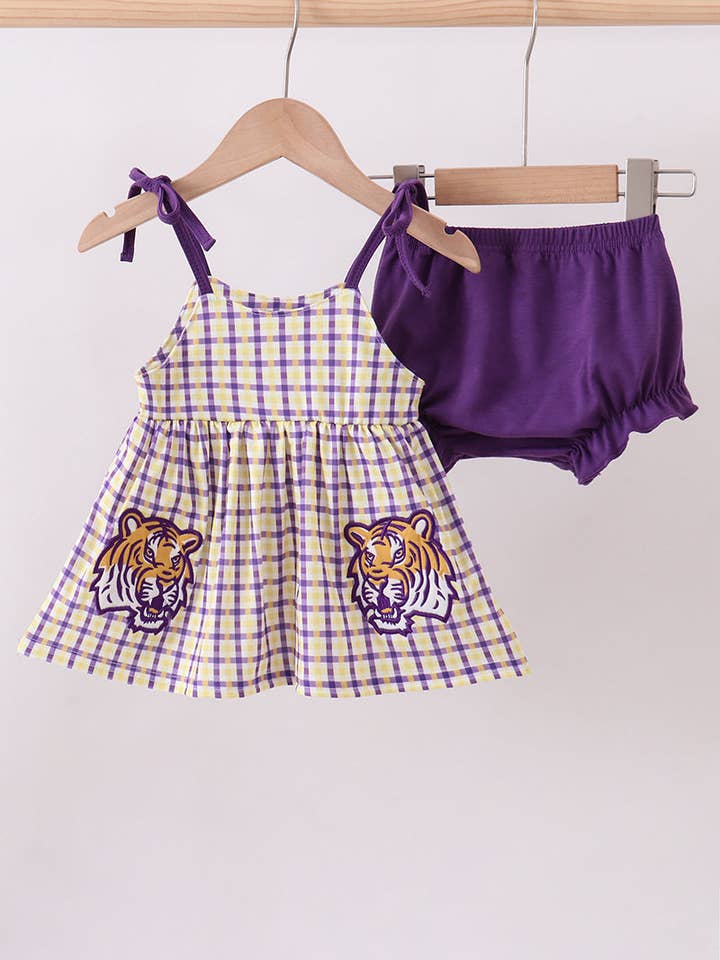 Purple LSU GEAUX applique bloomer set for wholesale by Aspen Rain Boutique