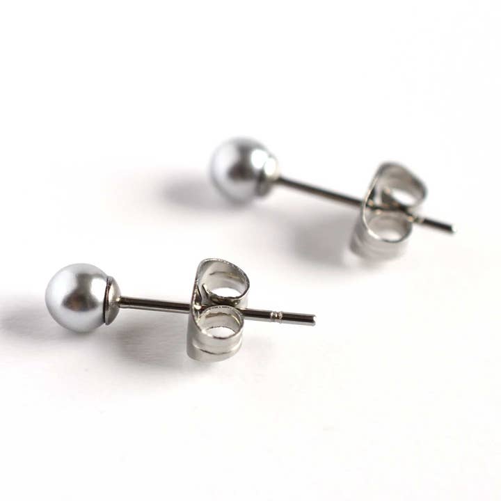 4mm Light Grey Faux Pearl Stud Earrings, Hypoallergenic Surgical Steel, Modern Pearl Studs for wholesale by Little Gems Jewels