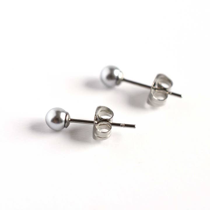 4mm Light Grey Faux Pearl Stud Earrings, Hypoallergenic Surgical Steel, Modern Pearl Studs for wholesale by Little Gems Jewels