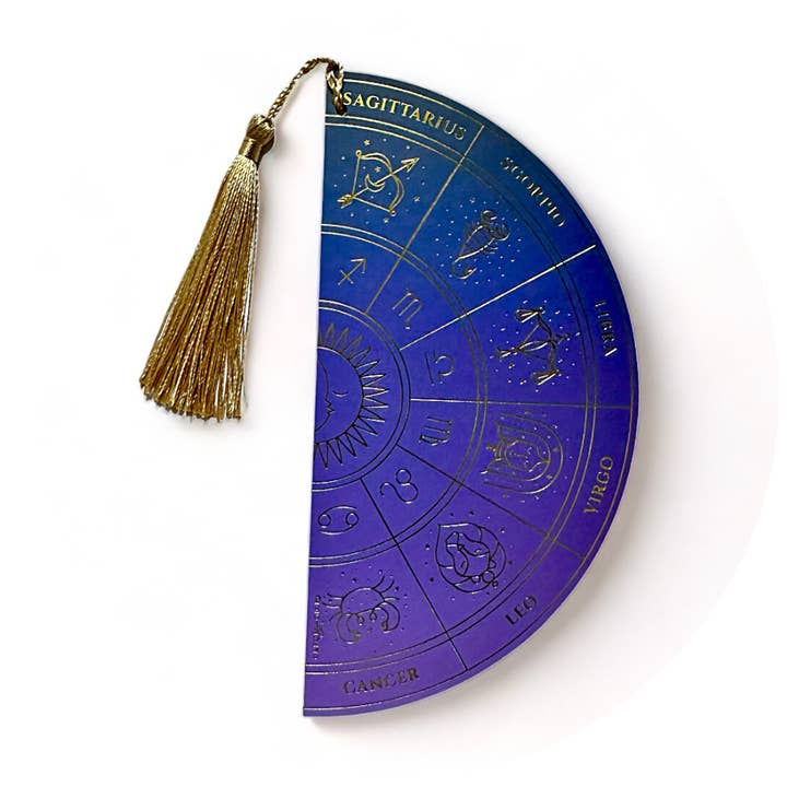 ZODIAC WHEEL DOUBLE-SIDED BOOKMARK, PURPLE OMBRE & GOLD for wholesale by CLEOMAGICK