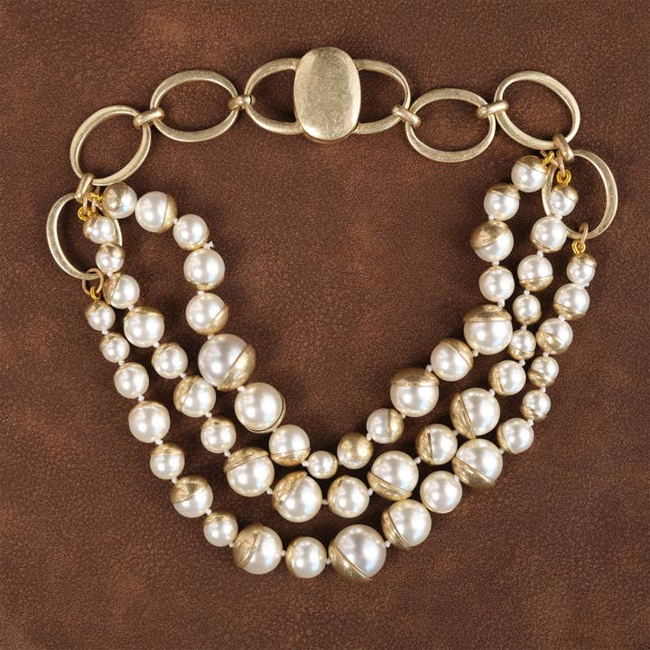 Elegant Vintage Triple-Strand Pearl Necklace Gold Accents for wholesale by GirlyPirateCo