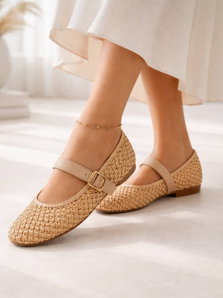 Woven Mary Jane Buckle Strap Ballet Shoe Flat for wholesale by Miami Shop