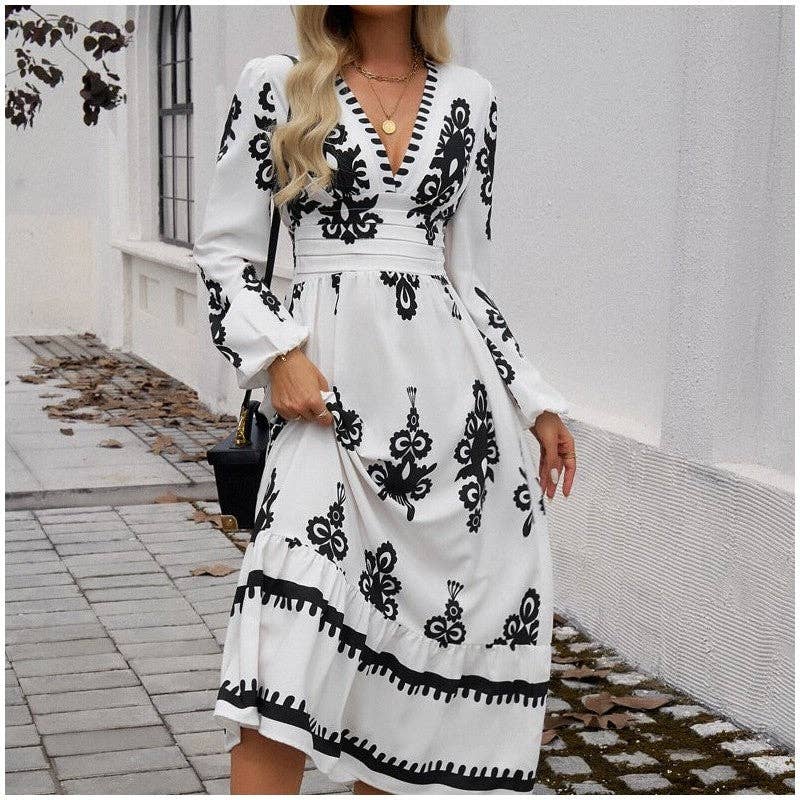 FurDecoration - Vente Robe – femme - Robe élégante à manches longues et col en V imprimé3