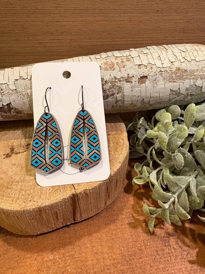Oblong Tribal Drop Earrings, laser engraved, handpainted, wood earrings, nickel free for wholesale by Creekside Cottage Designs