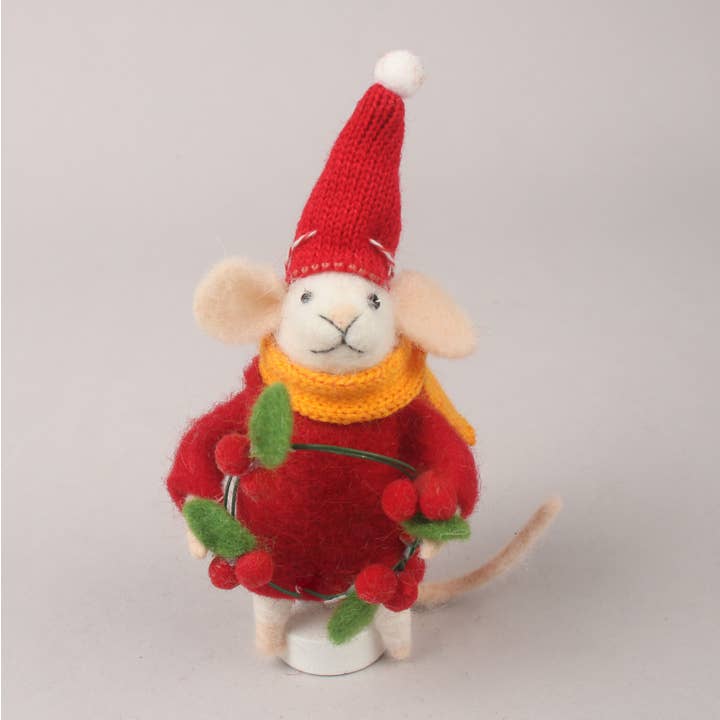 Originals International Ltd - Wholesale Christmas Decoration - Felt Winter Mouse With Christmas Wreath And Hat