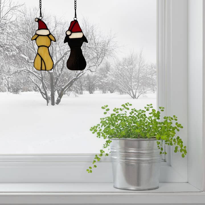 River of Goods - Wholesale Suncatcher - 5.5”H White & Black Pups in Hats Stained Glass Window Panel