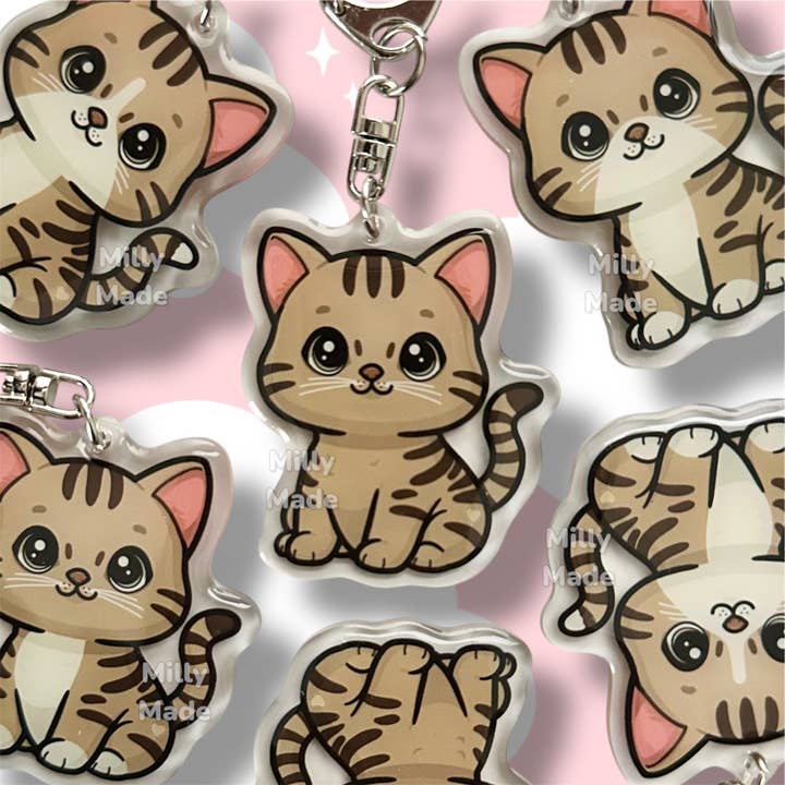 Brown Shorthaired Tabby Cat Acrylic Keychain with Epoxy Resin | Easy-Clip, Cute Cat Cartoon, Hand-Drawn Design, Cat Lover Gift for wholesale by Milly Made Designs