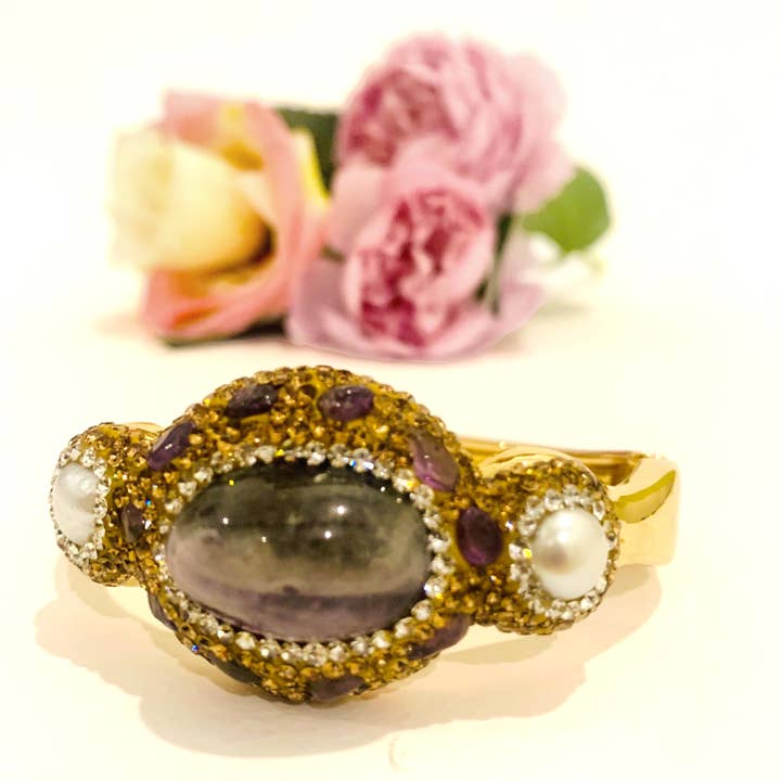 Atisha Spiritual Shop - Wholesale Cuff Bracelet - ISANA BRACELET - in NATURAL HARD STONE and brass metal galvanized and gold rhodium-plated