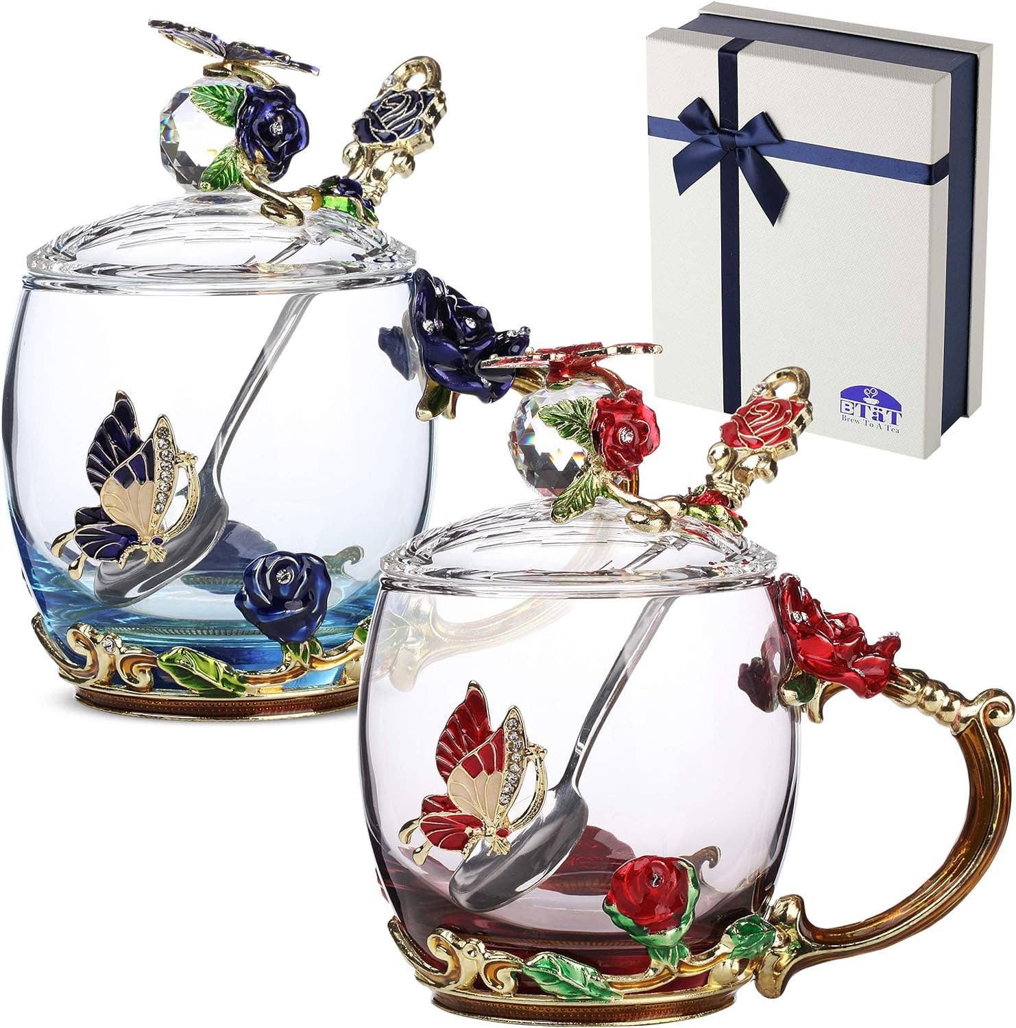 Brew To A Tea – wholesale Coffee/tea cup – BTaT Floral Glass Tea Cups with Lids - Set of 20