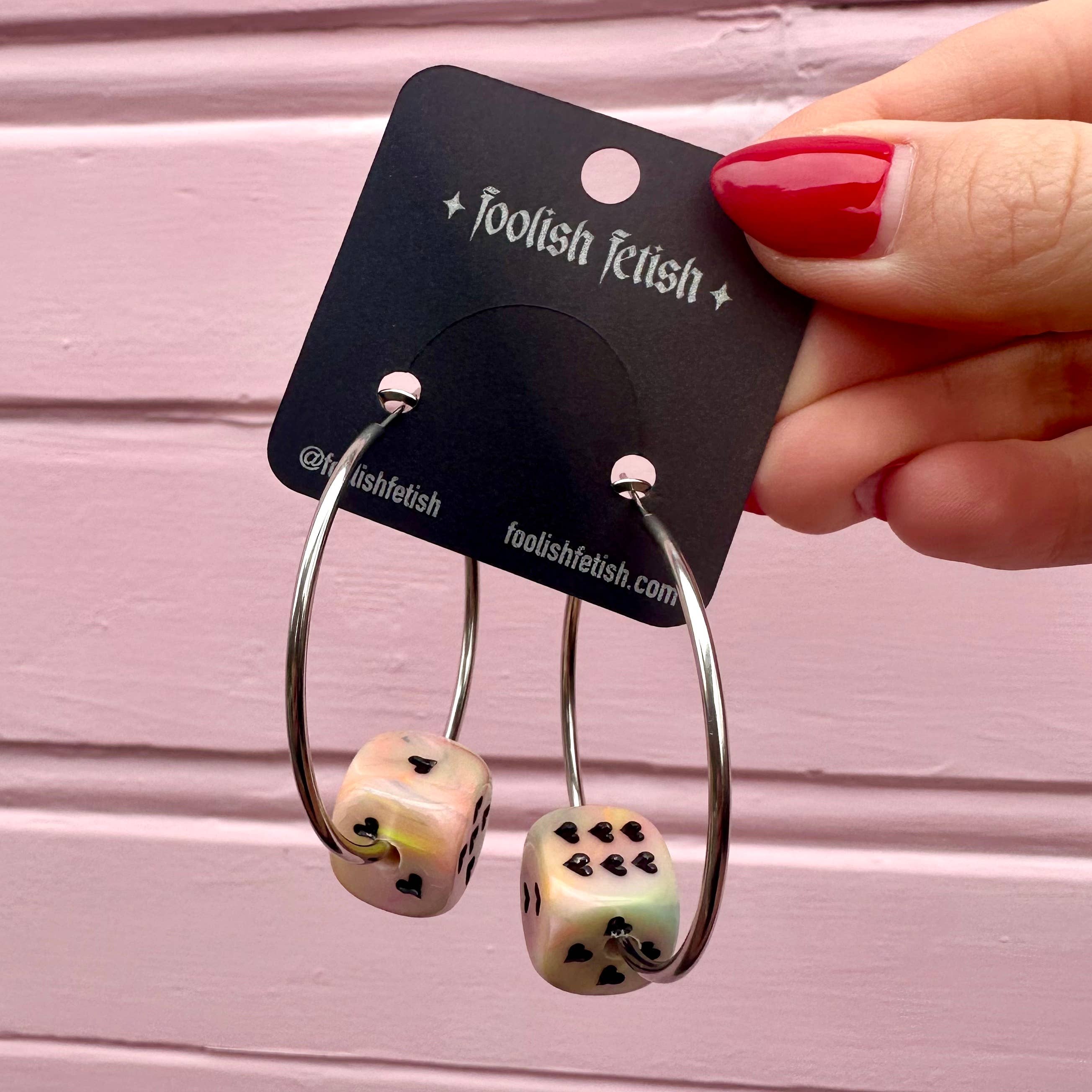 Foolish Fetish - Wholesale Hoop Earrings - Love's A Gamble Dice Hoops Earrings : Various Colors6