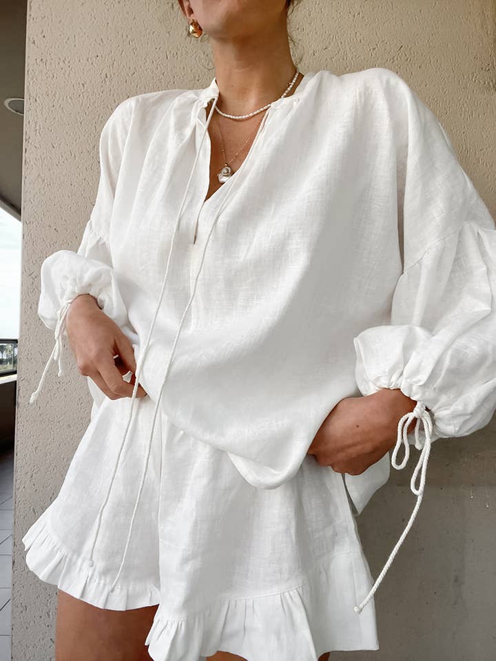 Lily Clothing - Wholesale Top & Short Set (NOT Loungewear) - Women's - Solid color V-neck top shorts cotton linen suit
