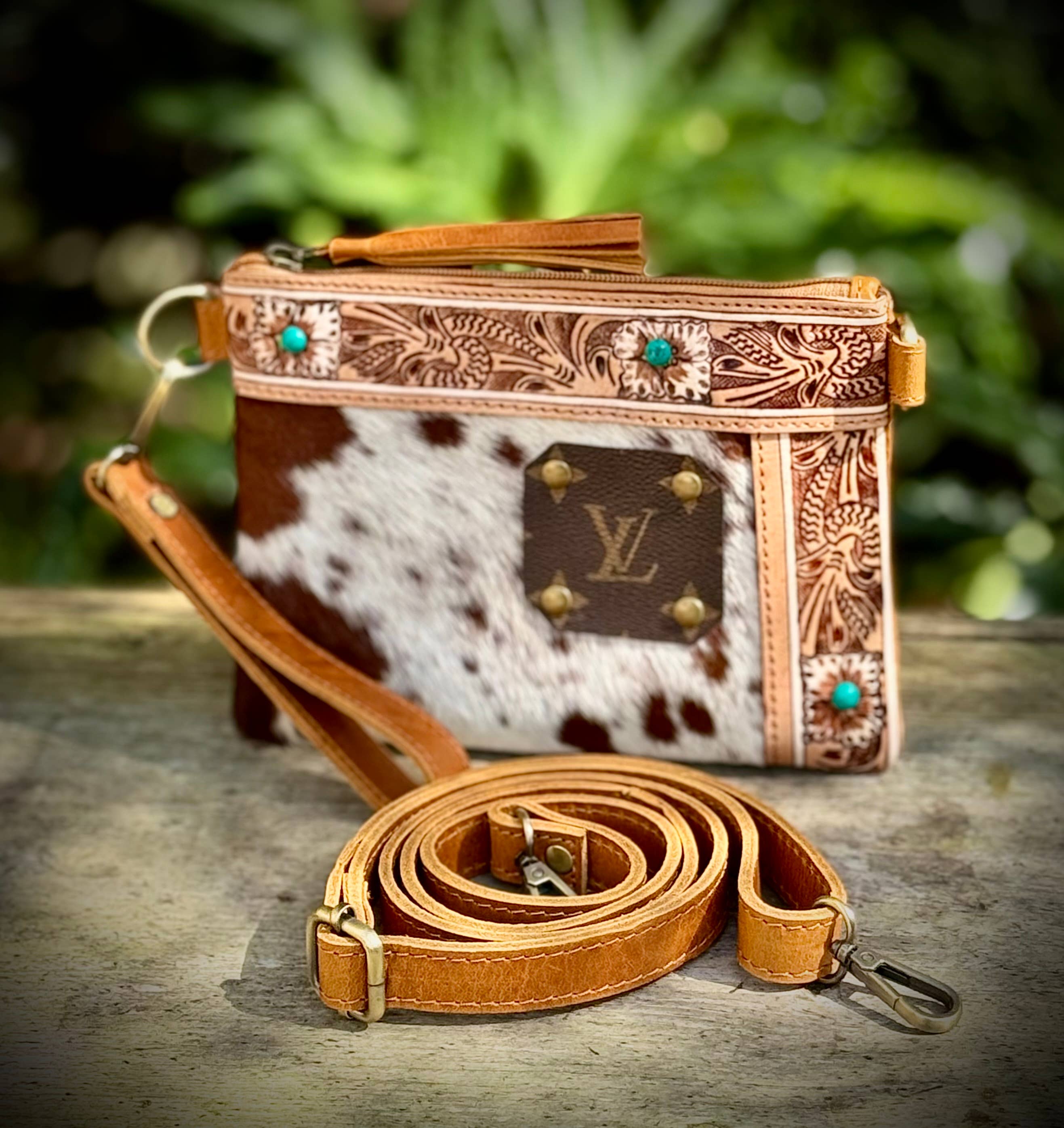 Southern Junkie Gypsy Boutique - Wholesale Crossbody Bag - Women's - Upcycled LV Cowhide Leather Wristlet Crossbody Bag Western 1
