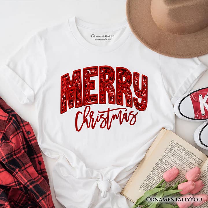 White Merry Christmas Sequin T‑Shirt, Bold Red Glitter Tee for wholesale on Faire0