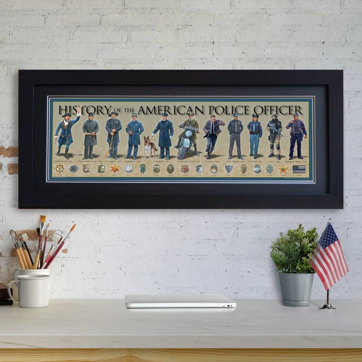 History America - Wholesale Art Print - History of the American Police Officer - Framed 2” Black Double Matted, Flat Molding 11 ¾" x 36"1
