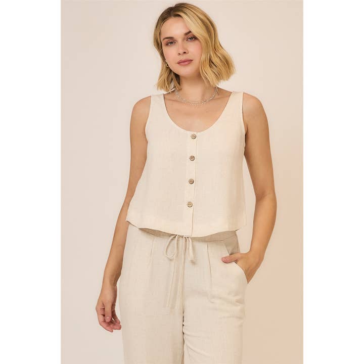 Viscose Linen Blend Button Up Sleeveless Top for wholesale by Cozy Casual, Inc.
