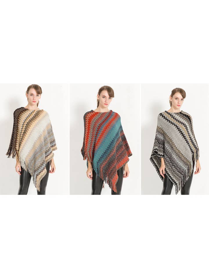 Fennco Styles - Wholesale Poncho - Women's - Knitted Zig-Zag Pullover Poncho Sweater