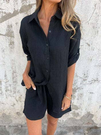 HIDDENBRAND - Wholesale Top & Short Set (NOT Loungewear) - Women's - Chic Effortless Button-Down Shirt & Shorts Set