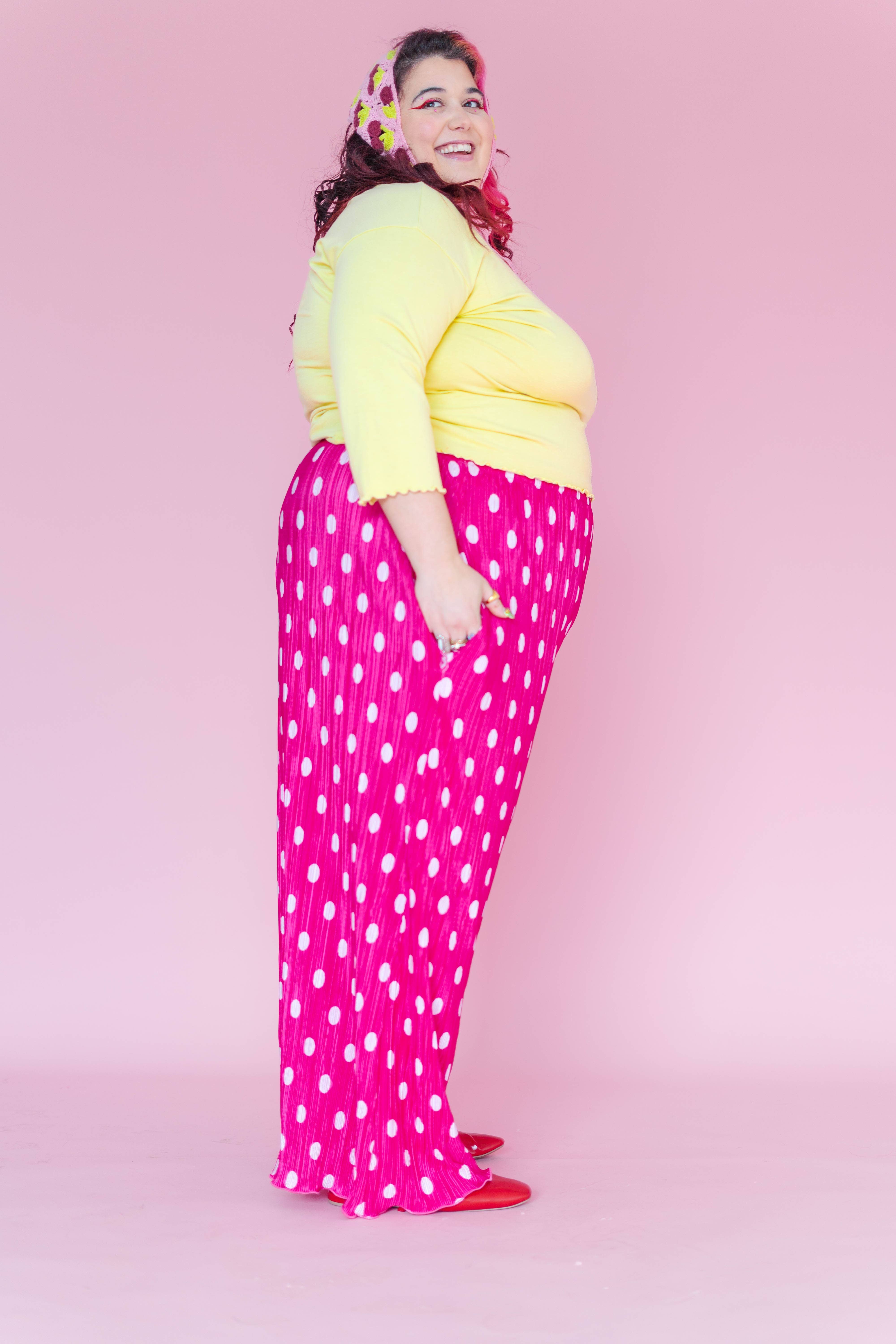 Nettle Studios - Wholesale Pants - Women's - Size Inclusive Hot Pink & White Polka Dot Pleated Flare Pant14