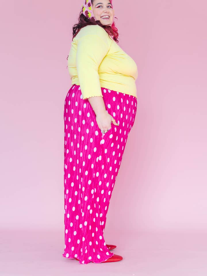 Nettle Studios - Wholesale Pants - Women's - Size Inclusive Hot Pink & White Polka Dot Pleated Flare Pant14