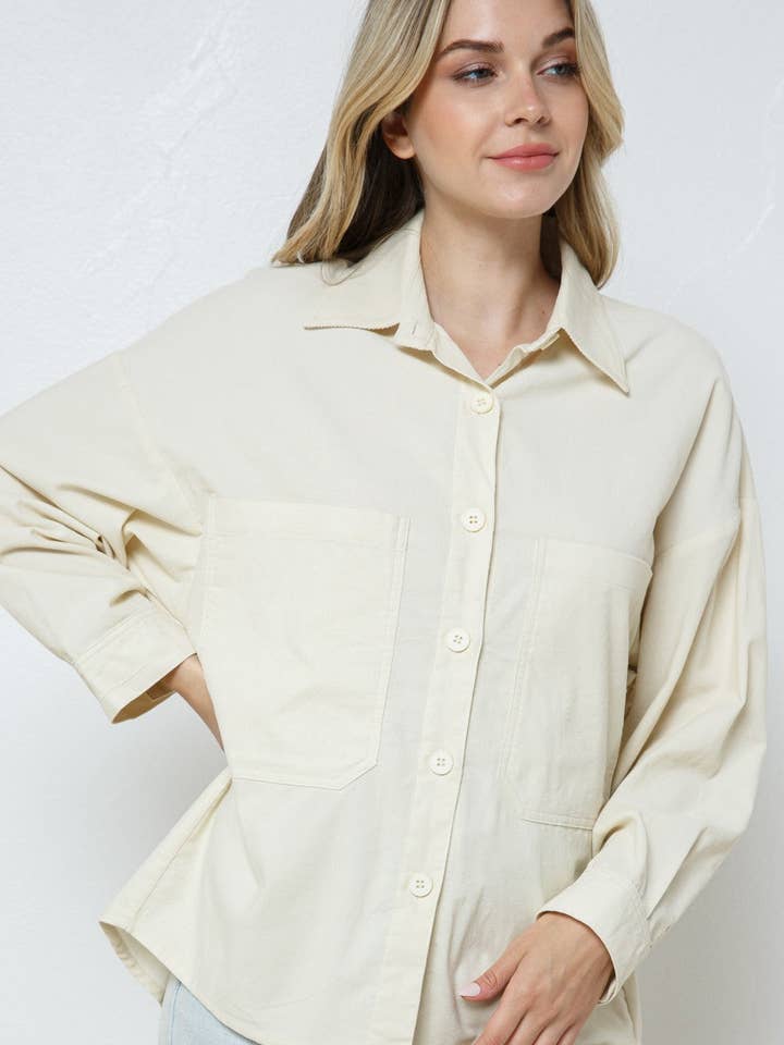 IVORY COTTON COLLARED PATCH POCKET SHIRT TOP T7649 for wholesale by Stylish Wholesale