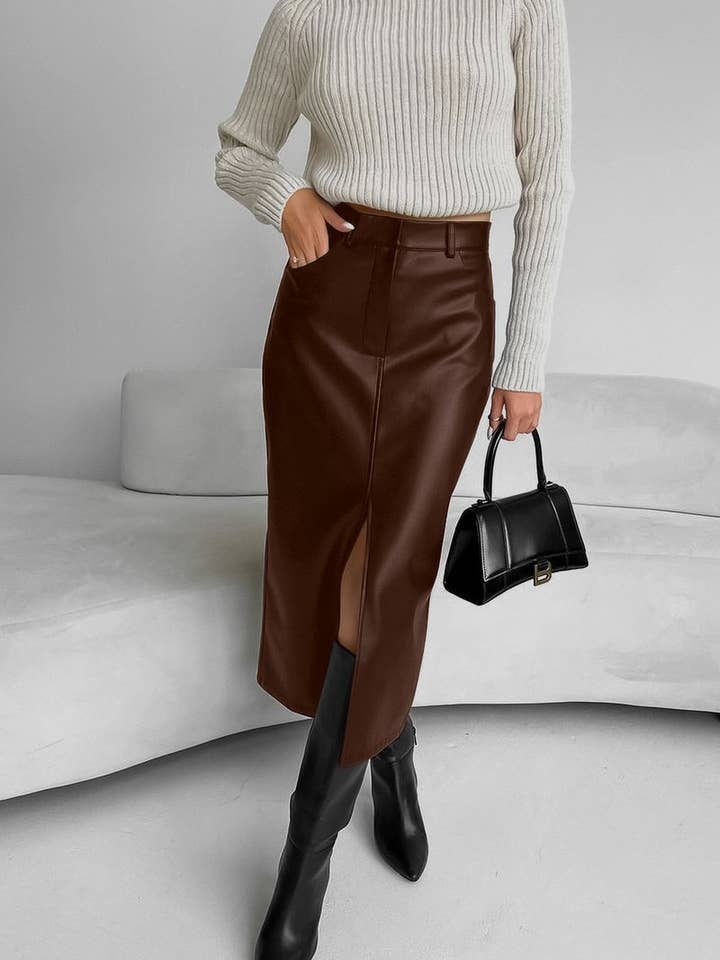 NINEXIS - Wholesale Skirt - Women's - CWBMS0250_VINTAGE PLUS VELVET PU LEATHER SLIT SKIRT4