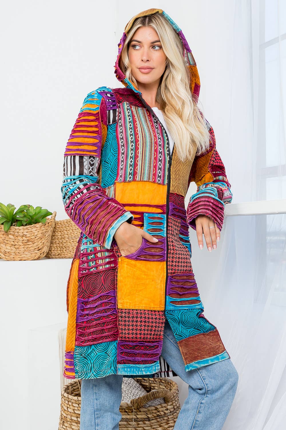 Kathmandu Imports – Großhandel Jacke – Damen – Lange Patchwork-Kapuzenjacke mit Reißverschluss in Übergröße (KT-1357)