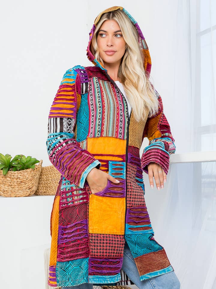 Lange Patchwork-Kapuzenjacke mit Reißverschluss in Übergröße (KT-1357) für den Großhandel von Kathmandu Imports