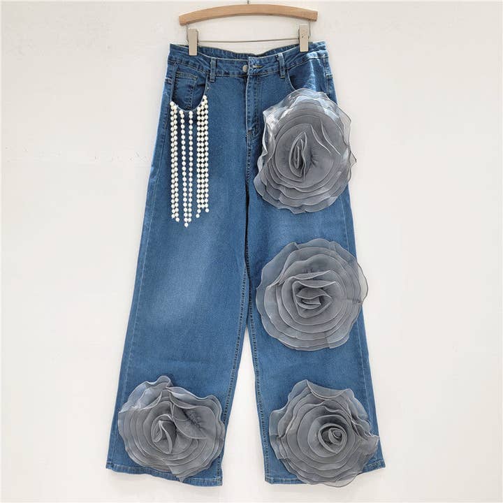 Sanyao Fashion - Wholesale Jeans - Women's - 1M261 2025 Handmade Washed Denim Pearl Tassel Wide-Leg Jeans