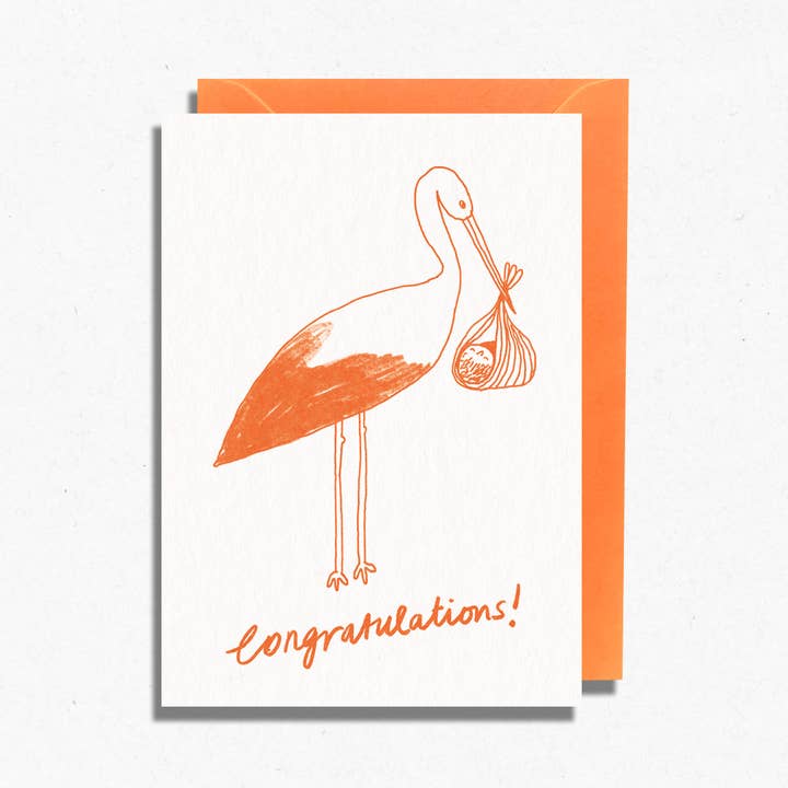 Tarjeta de cigüeña | Nuevo bebé | Felicitaciones para venta al por mayor de Hot Pink Press