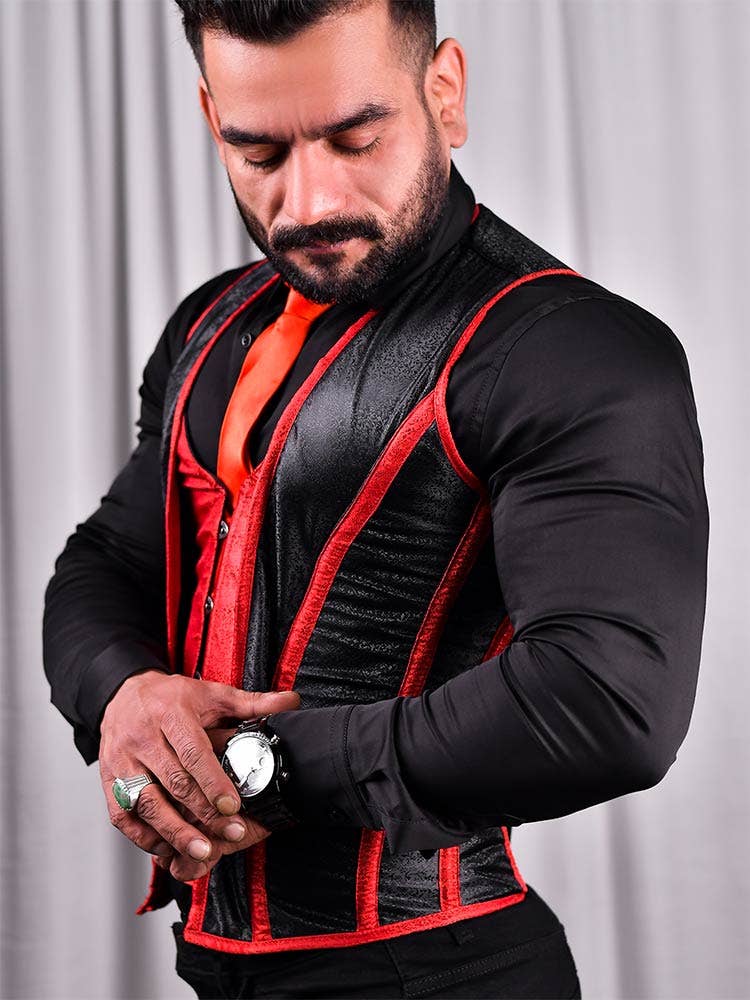 Miss Leather - Wholesale Outerwear Vest - Men's - Brocade Corset Vest – Men’s Black and Red Style2