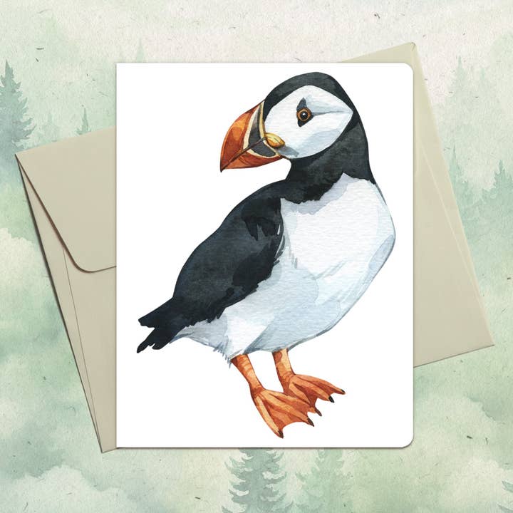 Carte de vœux faite main avec un macareux pour la vente par Soul Familiar